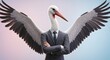 © roza.png - A sophisticated stork with expansive wings, impeccably dressed in a tailored suit and tie, strikes a confident pose against a soft, pastel backdrop
