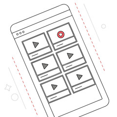 Flat design illustration of a digital device screen showcasing a grid of video thumbnails with play buttons and one highlighted video thumbnail with a red play icon for online content