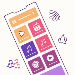 Modern smartphone interface displaying colorful music player app icons and controls with audio and wireless symbols on a clean background