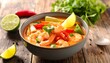 © Batu - Bowl of vibrant red-orange soup with shrimp and lime