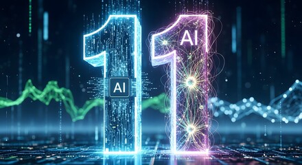 Futuristic digital landscape with glowing binary ones representing the rapid evolution of artificial intelligence and advanced data processing technology