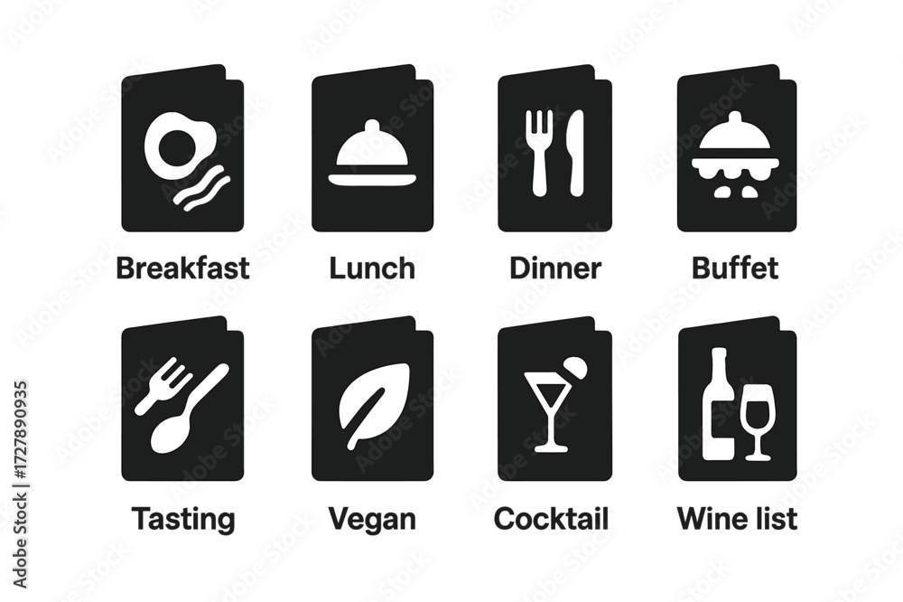 Menu Icon Grid. Solid, filled icon set of menu types: breakfast menu ...