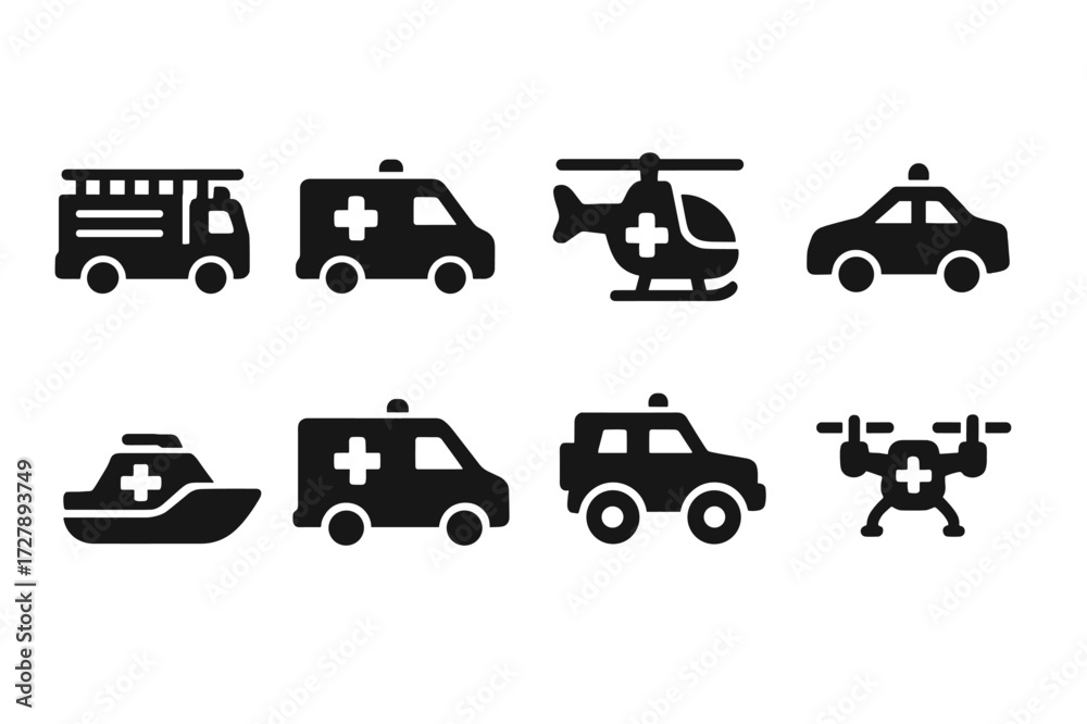 Rescue Vehicles Icons. Solid, filled icon set of rescue vehicles: fire ...