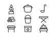 © Svitlana - Field Kitchen Icon Set. Outline icon set of field kitchen: portable stove, cooking pot, ladle, firewood stack, water bucket, food ration box, folding table,