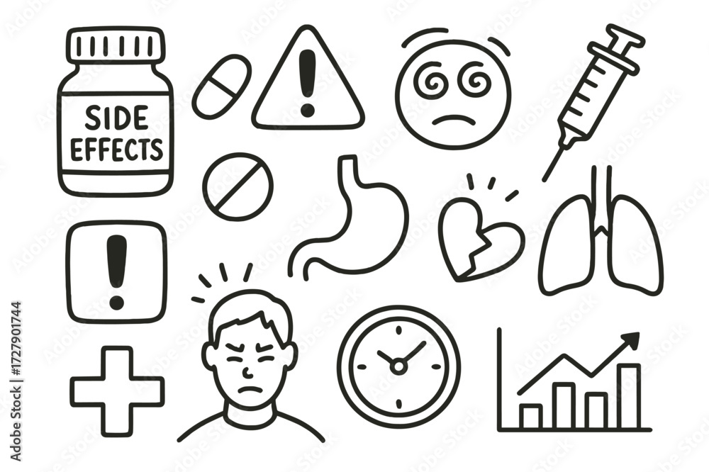 Medicine Side Effects Icons. Hand-drawn doodle illustration side ...