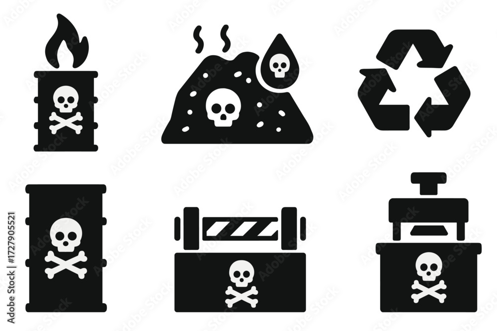 Toxic Waste Icons. Solid, filled icon set of toxic waste disposal ...