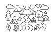 © Влада Яковенко - Sunrise Doodle Landscape. Hand-drawn doodle illustration sunrise horizon, sun rays, mountain, tree, cloud, bird, river, flower, star, tent, house, hill, boat,