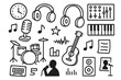 © Влада Яковенко - Music Studio Doodle. Hand-drawn doodle illustration recording studio microphone, headphones, mixing board, keyboard, guitar, drum set, note icon, sound wave,