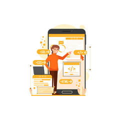 App Development Illustration Featuring Programmer in Orange Sweater on Giant Smartphone with Code Snippets and Laptop on Transparent Background