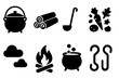 © Coosh448 - Traditional Cooking Icons. Solid, filled icon set of traditional cauldron cooking: cast iron pot, firewood pile, ladle, stew ingredients, smoke clouds,