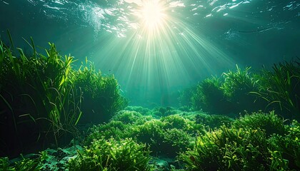  Sunbeams illuminate a vibrant underwater scene of lush green seagrass, creating a tranquil and ethereal atmosphere