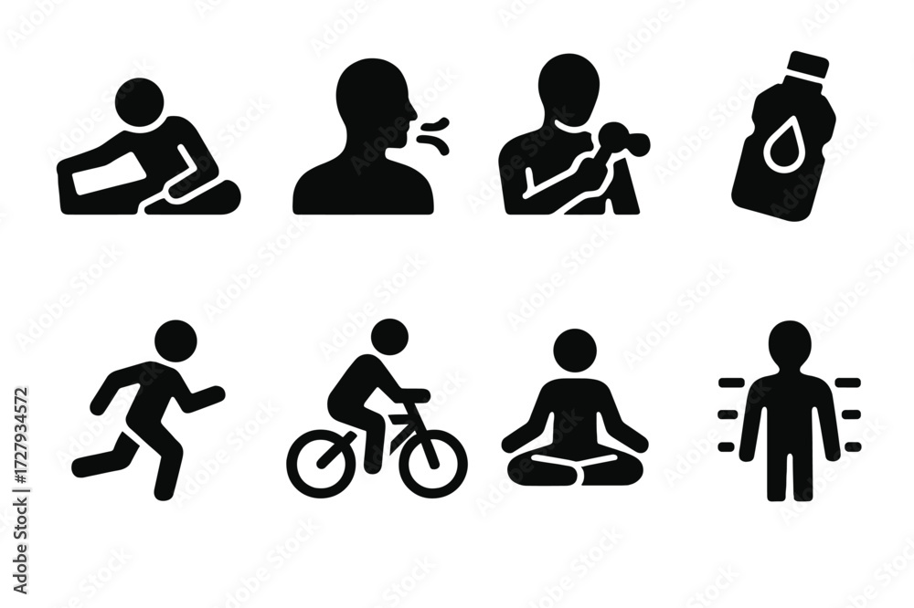 Cool Down Icons. Solid, filled icon set of cool down techniques: static ...