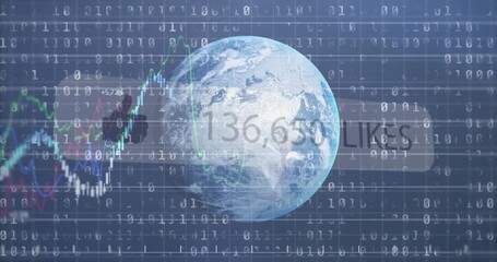 Wall Mural - Opening Earth globe line chart emerging and likes counter updating showing rising global engagement