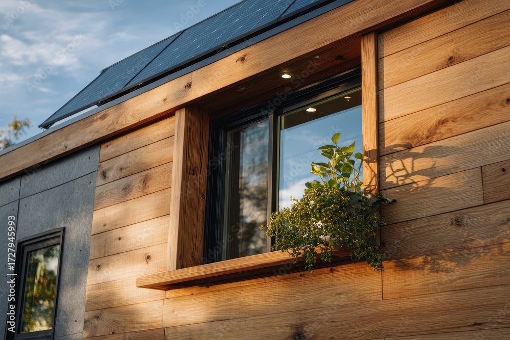 View of Eco-Friendly Tiny House Exterior with Warm Wood Siding, Solar Panels ...