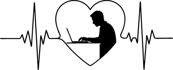 Modern black and white minimalist illustration featuring a programmer silhouette inside a heart with heartbeat lines, ideal for technology, coding, and IT themes.