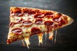 © btiger - Close-up of a single slice of pepperoni pizza with melted cheese stretching, showing a golden crust and vibrant tomato sauce under the pepperoni