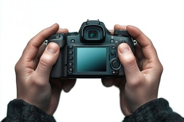 Close-up of hands holding a digital camera facing backwards showing the LCD screen and control buttons against a white background