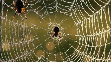 Two Spiders on a Dew Covered Web in Morning Light.