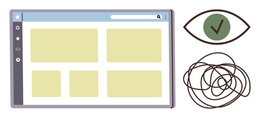 Browser interface with grid layout, adjacent eye with checkmark for clarity, tangled line for confusion. Ideal for design, UXUI, development, efficiency, clarity, organization web navigation