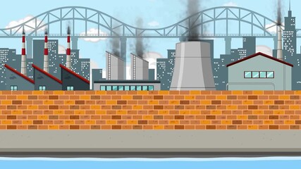 2d animation concept of industrial cityscape, factory pollution, urban environment, flat design styl