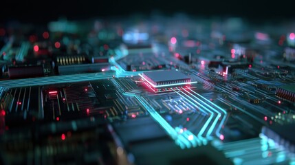 Illuminated Circuit Board Close-Up - Futuristic Tech, Glowing Lines, Digital World.