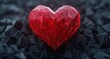 © alu - Shiny red geometric heart shape resting on a surface of dark black polygonal crystals conveying contrast and emotional depth