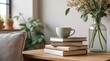 © Luminostock 54 - mental health diverse teams concept. Cozy reading nook with books, a cup, and a flower vase on a table.