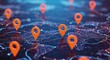 © CrazyJuke - Digital Map Pinpoints: An abstract view with bright orange location markers stand out against a complex, luminous map, highlighting the interconnectedness and expansive reach of digital navigation.