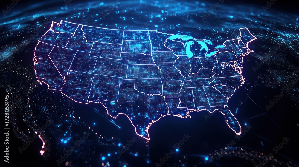 digital map of the united states with illuminated state borders and ...