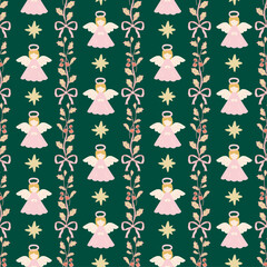 Wall Mural - Vector hand drawn christmas seamless pattern, christmas angel and star, holly leaf.