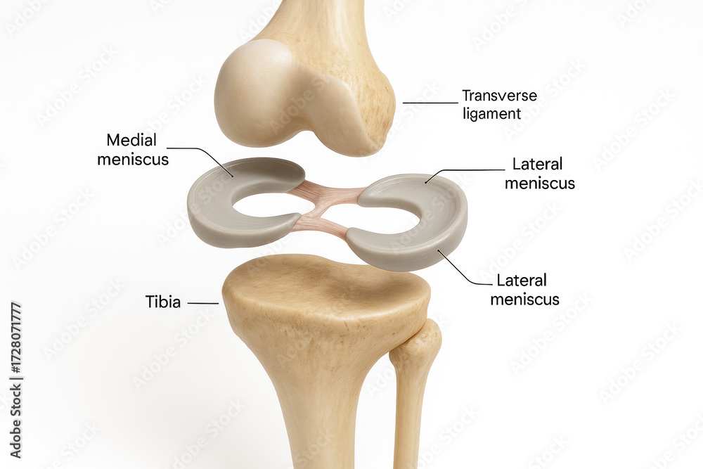Anatomical illustration of the human knee joint, showing the femur ...