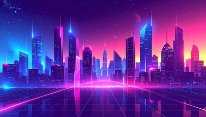 illustration urban architecture, cityscape with space and neon light effect. Modern hi-tech, science, futuristic technology concept. Abstract digital high tech city design for banner background 