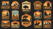 © Gunali Rezqi Mauludi - A collection of vintage American West badges and emblems featuring landscapes, animals, and cowboys in a retro style.