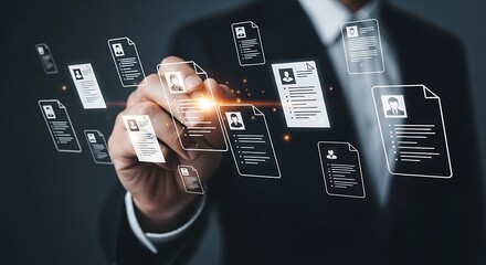 Businessman using digital interface to view job applications and recruitment