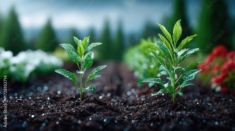 Cinematic View of Green Seedlings Growing in Dark Soil Farm with ...