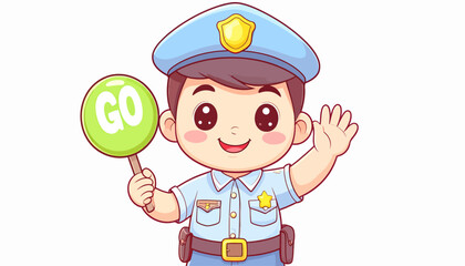 Cartoon police officer directing traffic with a 'GO' sign, waving, friendly illustration for kids