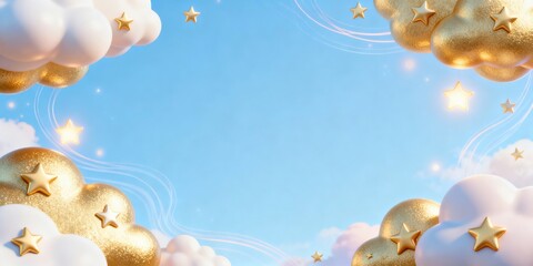 Wall Mural - 3D cute clouds and stars frame with dreamy pastel sky empty center for message whimsical design