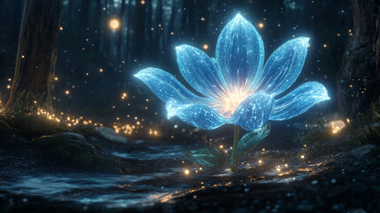 mutant moonflower blooming at midnight a glowing blue flower with crystalline petals that emit soft 