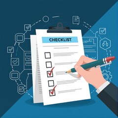 Businessman using pen to tick correct sign mark in checkbox for quality document control checklist and business approve project concept Check mark filling out digital form checklist Online exam ui int