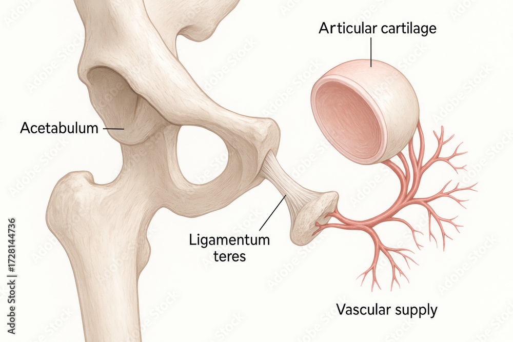 Hip Joint Anatomy Illustration with Labels: Acetabulum, Articular ...