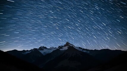 Wall Mural - ﻿Dazzling star trails arc over a majestic mountain range under a clear night sky astrophotography, celestial, vista
