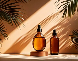  Natural beauty product display with palm leaf shadows white background 