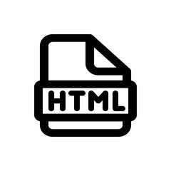 Illustration of a black html file icon with a folded corner and bold text representing a web development file