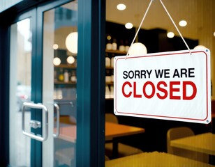 sorry we are closed sign hanging outside a restaurant store office or other Closed sign in a shop showroom with reflections bokeh ui interface user