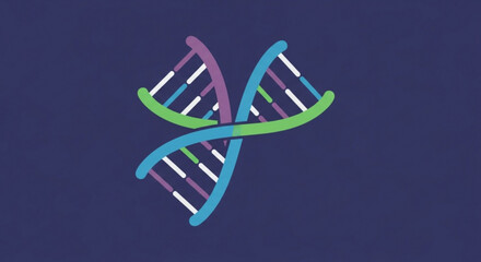 Illustration of a colorful dna strand with green, purple, and blue hues, representing genetics, biology, and scientific research on a dark blue backdrop
