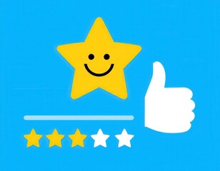 Customer satisfaction concept thumb up Positive emotion happy smile face and star with copy space feedback service survey standard quality User give rating to service experience certification ui inter