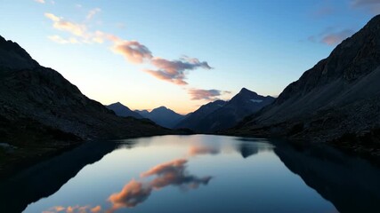 Wall Mural - Tranquil mountain lake reflects the changing light of dawn to dusk as clouds glide silently above, a serene high-altitude timelapse fresh, sky, calm