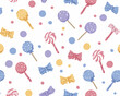 ©  Sheton - 다채로운 색상의 사탕과 리본이 반복되는 패턴으로, 달콤하고 즐거운 분위기를 연출하는 벡터 일러스트레이션입니다.