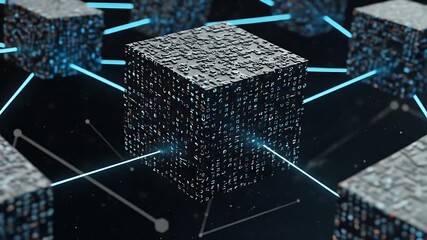 3D Abstract Cubes and Lines in Dark Space with Blue Light