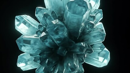 3D Animated Crystal Cluster with Glowing Turquoise on Black Background
